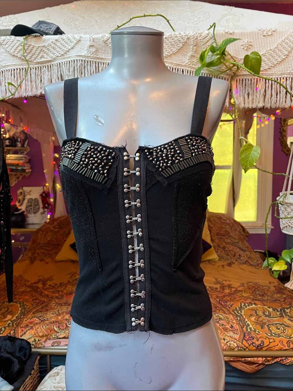 Free People Sequin Beaded knit hook eye front corset bustier tank top